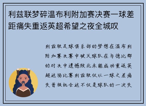 利兹联梦碎温布利附加赛决赛一球差距痛失重返英超希望之夜全城叹 利兹联梦碎温布利附加赛决赛一球差距痛失重返英超希望之夜全城叹