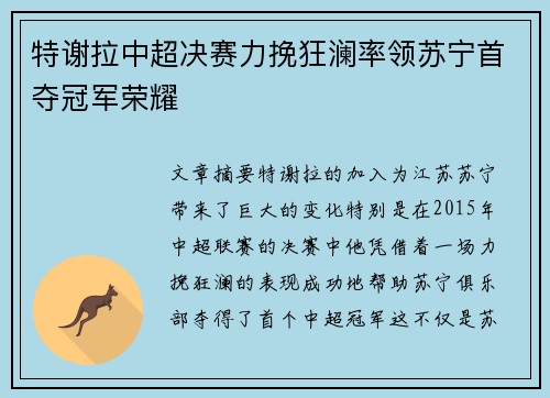 特谢拉中超决赛力挽狂澜率领苏宁首夺冠军荣耀